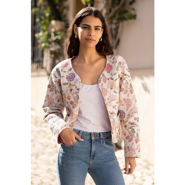 Yumi Floral Print Reversible Cotton Cropped Quilted Jacket - White - Size 10 - Yumi