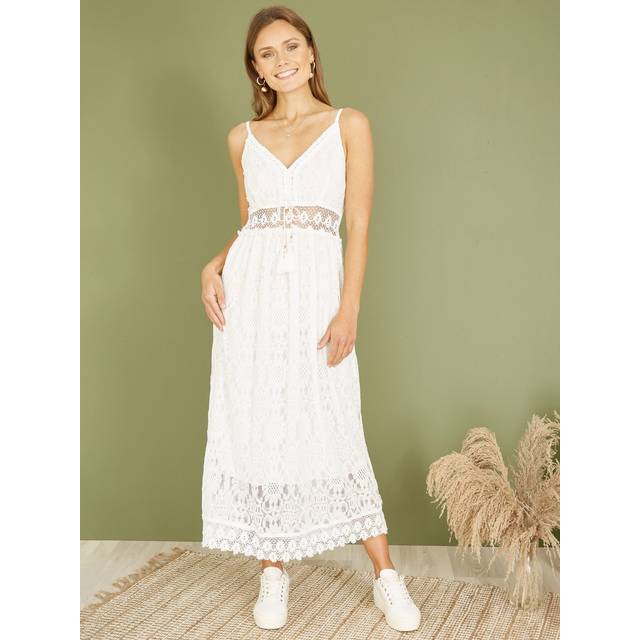 Yumi Womens White Lace Midi Sundress With Tassel Tie and Ruched Back Cotton - Size Small