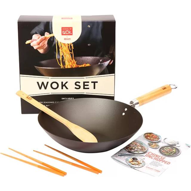 School Of Wok Carbon Steel Pre-Seasoned 30cm Wok, Chopsticks & Spatula Gift Set