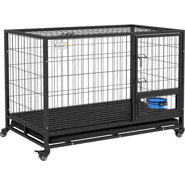 Heavy Duty Dog Crate on Wheels w/ Bowl Holder, Detachable Door, Openable Top - Black - One Size