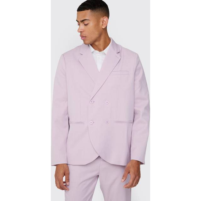 Textured Double Breasted Suit Jacket - Purple - 38