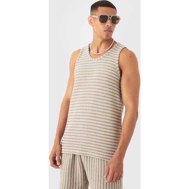 Regular Fit Textured Stripe Vest - Beige - S