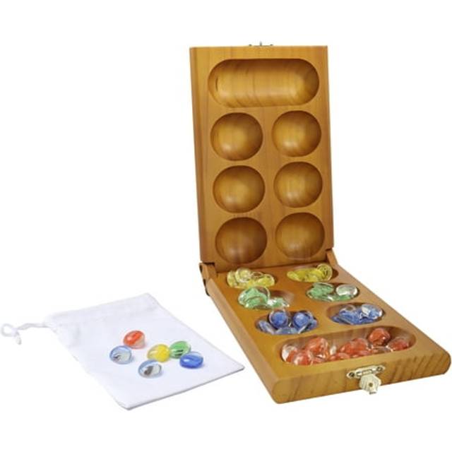 GSE Games & Sports Expert Folding Wooden Mancala Board Game with Multi-Color Glass Stones and Storage Bag  Portable Family Travel Strategy Games Set f