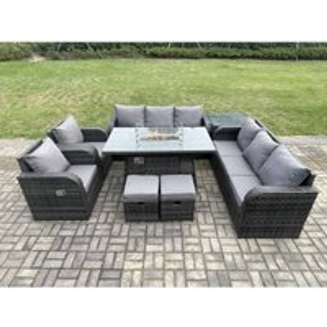 Wicker Rattan Garden Furniture Set Gas Fire Pit Dining Table Indoor Outdoor with Side Table Chair Loveseat Sofa 2 Footstools - Dark Grey - One Size