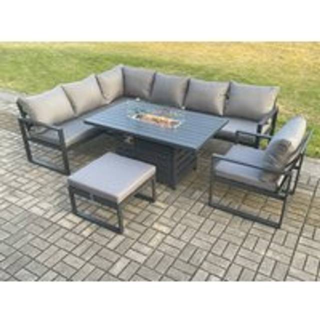 Fimous Aluminium Outdoor Garden Furniture Corner Sofa Gas Fire Pit Dining Table Sets Gas Heater Burner with Chair Big Footstool Dark Grey 8 Seater