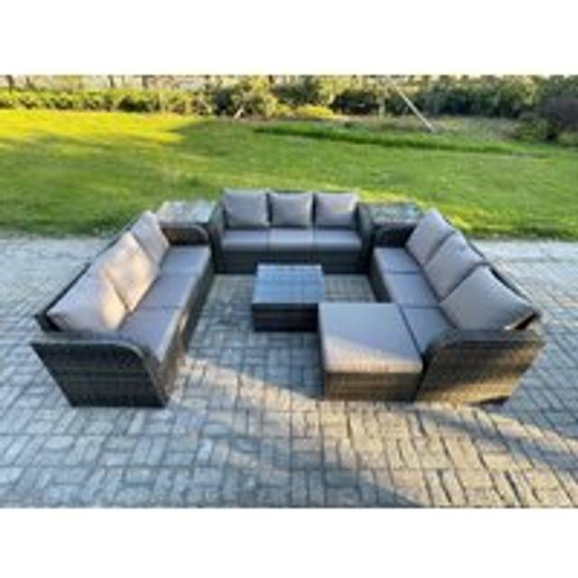 Fimous - Rattan Outdoor Furniture Set Patio Garden Sofa Set with Square Coffee Table Big Footstool 2 Side Tables Dark Grey Mixed
