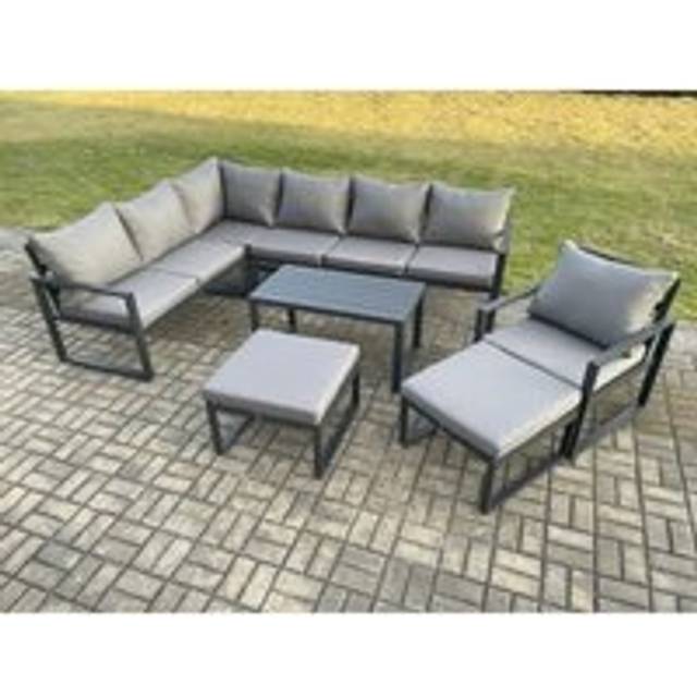 Fimous Aluminum 9 Seater Outdoor Lounge Corner Sofa Set Garden Furniture Sets with Oblong Coffee Table Chair 2 Big Footstool Dark Grey