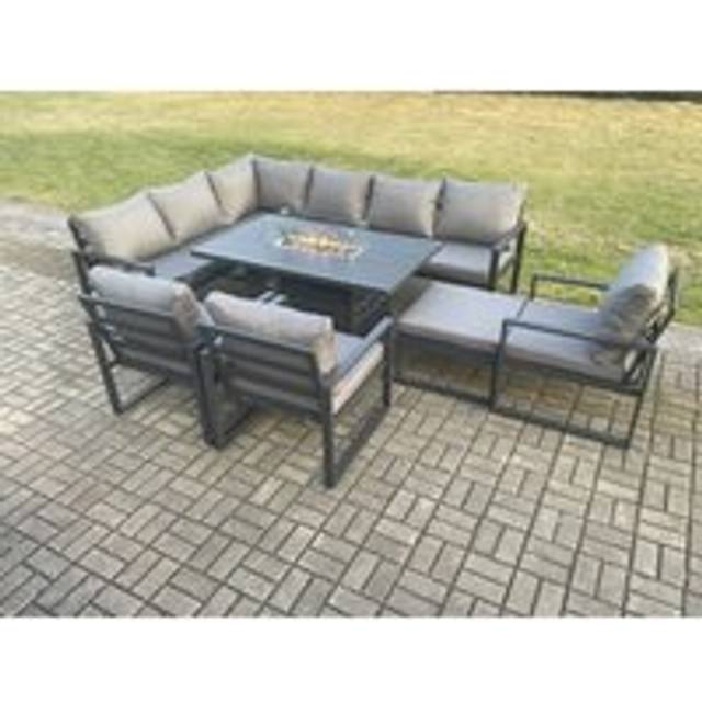 Fimous Aluminium Outdoor Garden Furniture Corner Sofa Gas Fire Pit Dining Table Sets Gas Heater Burner with 3 Chairs Big Footstool Dark Grey