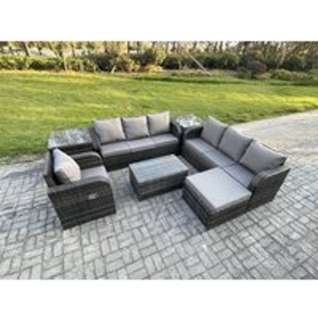 Fimous 8 Seater Rattan Outdoor Garden Furniture Sofa Set Patio Table & Chairs Set with 3 Seater Sofa Reclining Chair 3 Seater Sofa 2 Side Tables Big F