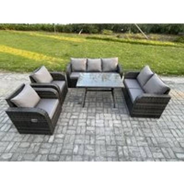 Fimous 7 Seater High Back PE Rattan Sofa Set Outdoor Garden Furniture Dining Table Set With Reclining Chair 3 Seater Sofa Love Sofa