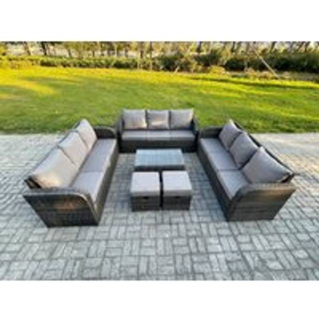 Rattan Lounge Sofa Set 11 Seater Outdoor Garden Furniture Set with Rectangular Coffee Table 3 Seater Sofa 2 Small Footstools Dark Grey Mixed - Fimous