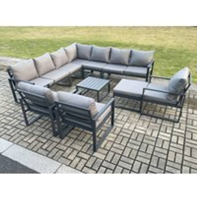 Fimous Outdoor Garden Furniture Patio Lounge Corner Sofa Aluminium Set with Square Coffee Table Big Footstool 3 Chair Dark Grey