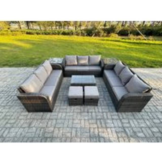 Rattan Lounge Sofa Set 11 Seater Outdoor Garden Furniture Set with Rectangular Coffee Table 3 Seater Sofa 2 Side Tables 2 Small Footstools Dark Grey