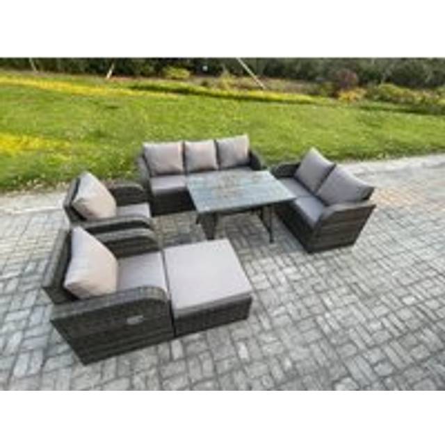 Fimous 8 Seater High Back PE Rattan Sofa Set Outdoor Garden Furniture Dining Table Set With Reclining Chair 3 Seater Sofa Love Sofa Big Footstool