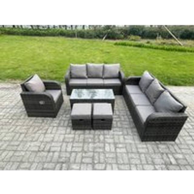 Fimous - Patio Garden Furniture Sets Wicker 9 Seater Outdoor Rattan Furniture Sofa Sets with Rectangular Coffee Table Reclining Chair 2 Small