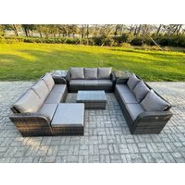 Rattan Lounge Sofa Set 10 Seater Outdoor Garden Furniture Set with Rectangular Coffee Table 3 Seater Sofa 2 Side Tables Big Footstool Dark Grey Mixed
