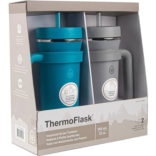 ThermoFlask Premium Quality Double Wall Insulated Stainless Steel Tumbler with Handle and Straw Lid  32 Ounce  2-Pack  Crystal Teal/Circular Grey