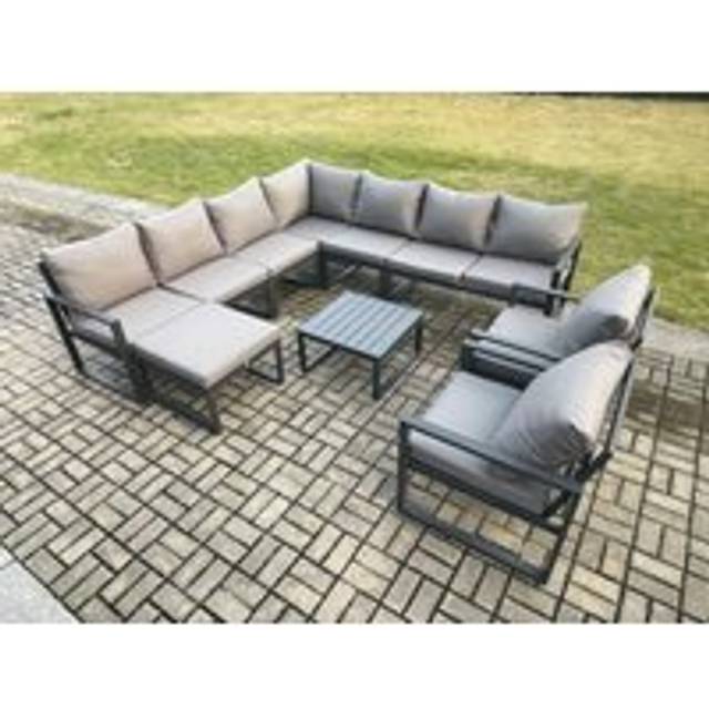 Outdoor Garden Furniture Patio Lounge Corner Sofa Aluminium Set with Square Coffee Table Big Footstool 2 Chair Dark Grey - Fimous