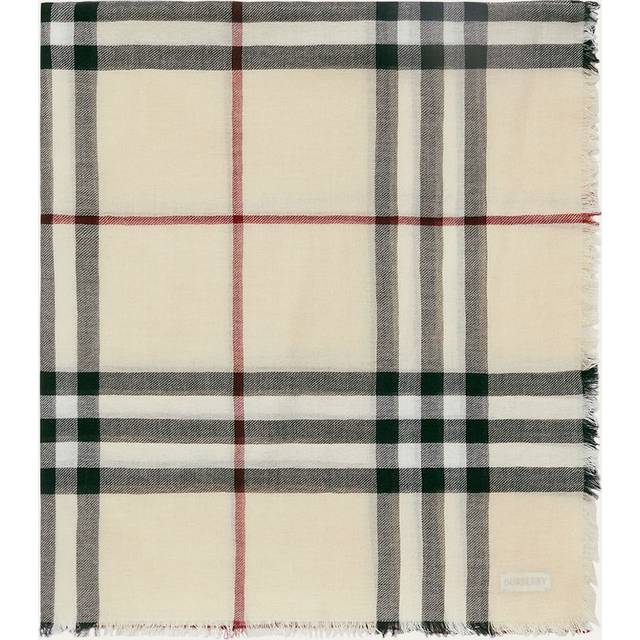 Burberry Womens Stone Checked Frayed-trim Wool Scarf - STONE