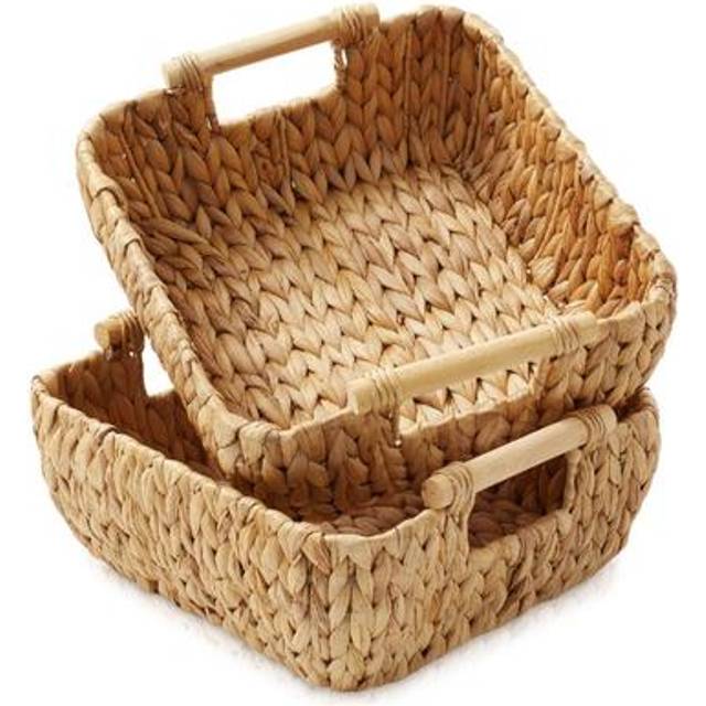 Casafield Set of 2 Water Hyacinth Oval Storage Baskets with Wooden Handles  Small  Woven Bin Organizers