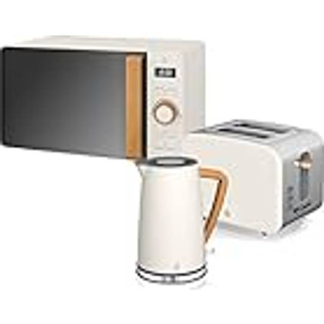 Swan Nordic Set Desayuno vattenkokare 1,7 l 2200 W, brödrost med bred slits, 2 skivor, mikrovågsugn 20 l, digital, modern design, träeffekt, vit
