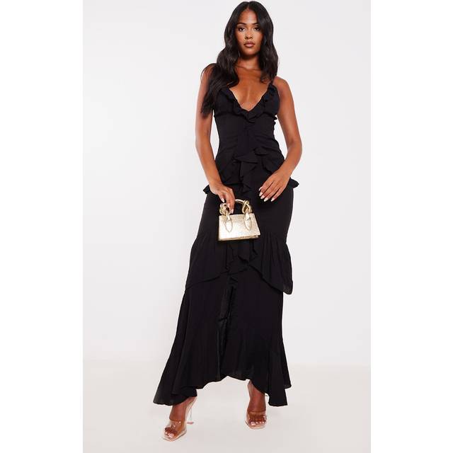 Tall Black Textured Frill Maxi Dress, Black - 14