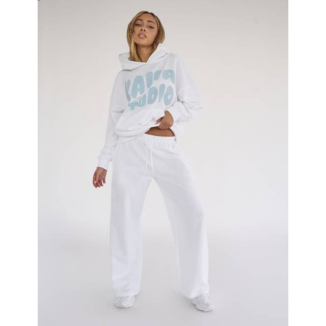 Kaiia Studio Bubble Logo Pocket Wide Leg Sweat Pants White & Blue - white