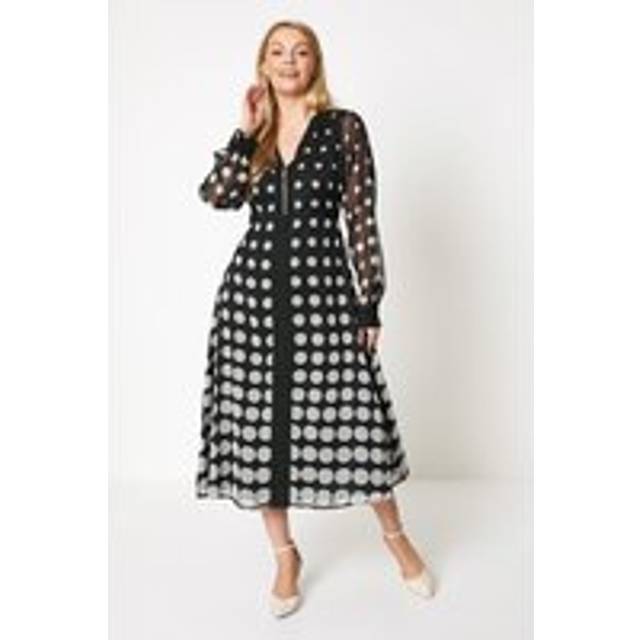 Wallis Womens Midi Dress Black V-neck Long Sleeve Polka Dot Woven Flared