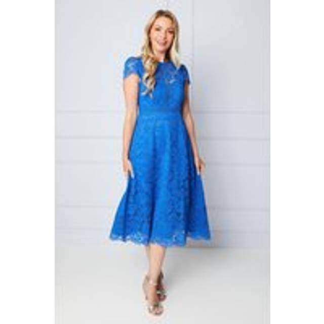 Womens Lace Fit And Flare Midi Dress - Blue - 16