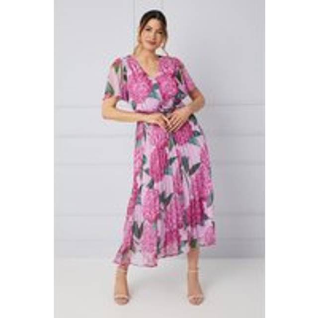 Womens Floral Corsage Waistband Midi Dress - Pink - 8