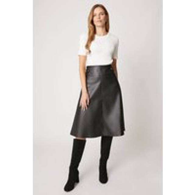 Womens Black Tab Detail Faux Leather A Line Skirt - 16