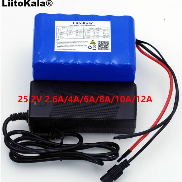 Liitokala 24v 6s 4a 6a 8a 10a 18650 batteripaket 25.2v 12ah li-ion batteri för cykelbatteri 350w e cykel 250w motor + laddare - 25.2v 2a och laddare