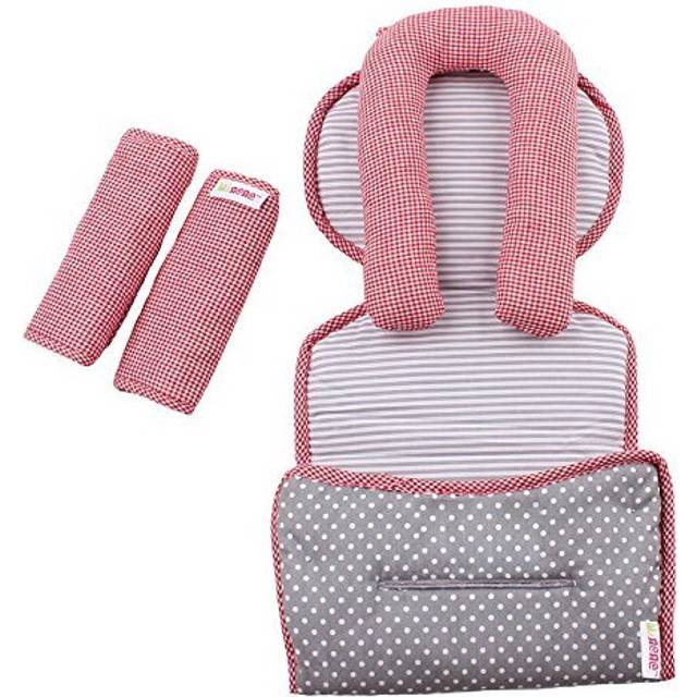 Minene Reversible Car Seat Head Neck Support Cushion Pillow Headrest Set with Harness Protectors (Red&Grey)