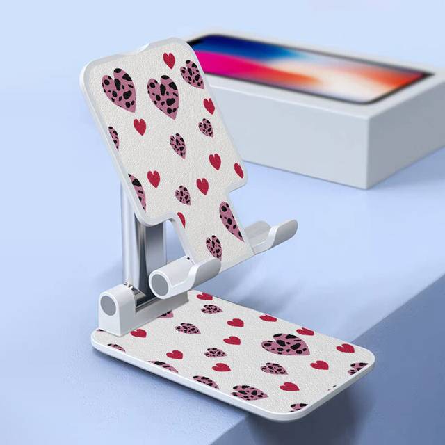 (White) Mobile Phone Stand Red & Purple Heart Graphic Desktop Tablet Holder Lazy Bedside Universal Support Foldable Extend Desk Stand