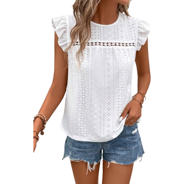 SHEIN Eyelet Embroidery Ruffle Trim Round Neck Lace Trimmed Tee