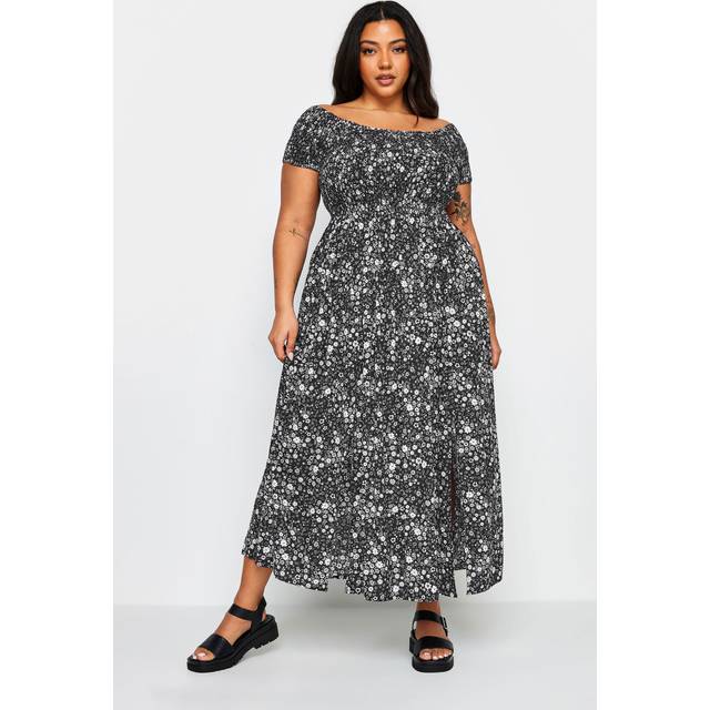 Yours Curve Black Ditsy Floral Print Shirred Bardot Maxi Dress, Women's Curve & Plus Size, Yours - 22-24