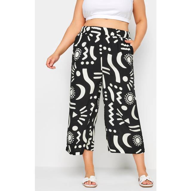 Yours Curve Black Abstract Print Wide Leg Cropped Trousers, Women's Curve & Plus Size, Yours - 34-36