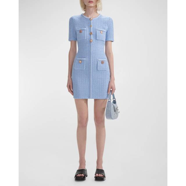 Self-portrait Womens Blue Jewel-embellished Knitted Woven-blend Mini Dress L
