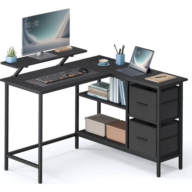 L-Shaped Desk with 2 Drawers, Ebony Black / 105D x 115W cm