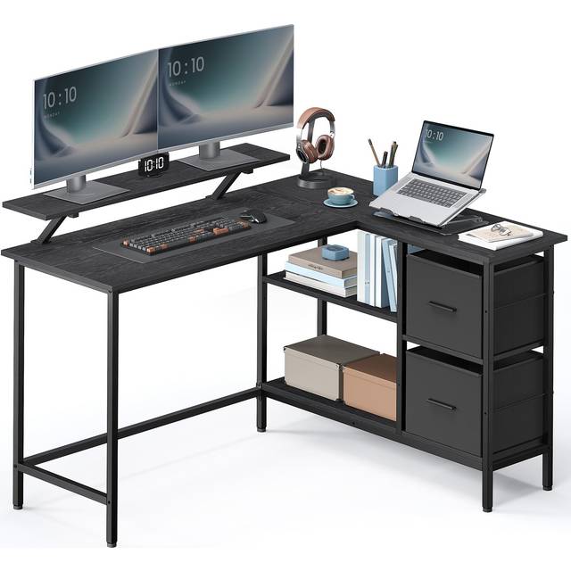 L-Shaped Desk with 2 Drawers, Ebony Black / 105D x 135W cm