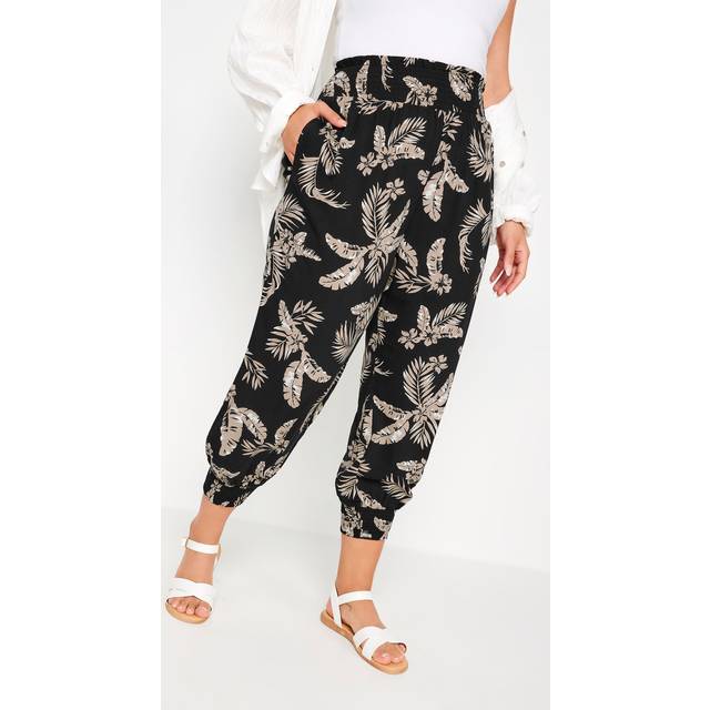Yours Curve Black Leaf Print Shirred Harem Trousers, Women's Curve & Plus Size, Yours - 14