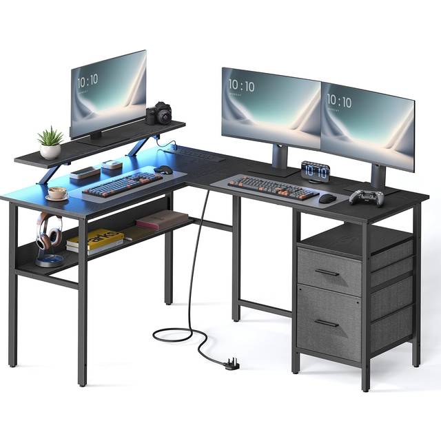 Vasagle L-shaped Desk With Monitor Shelf,ebony Black, Black