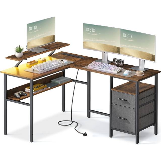 L-Shaped Computer Desk with Power Outlets, Rustic Brown