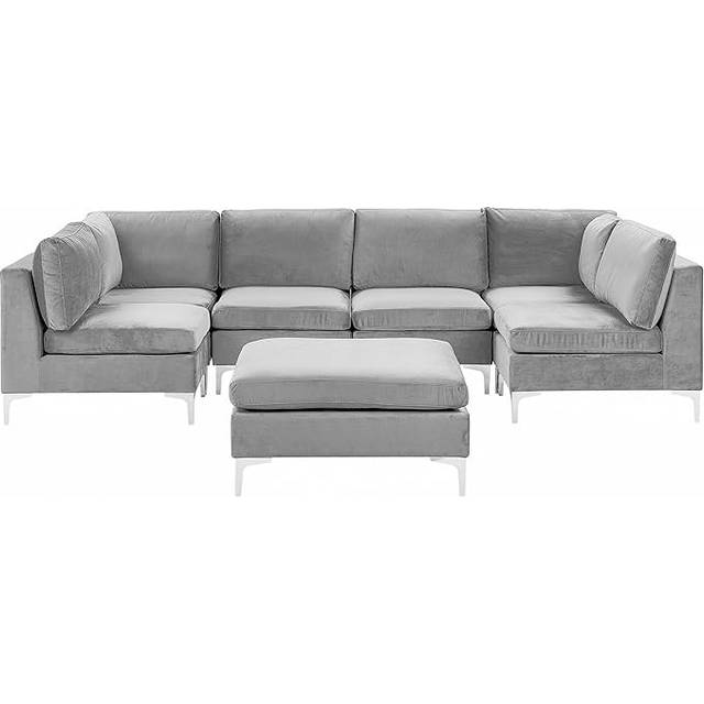 6 Seater U-Shaped Modular Velvet Sofa with Ottoman Grey EVJA