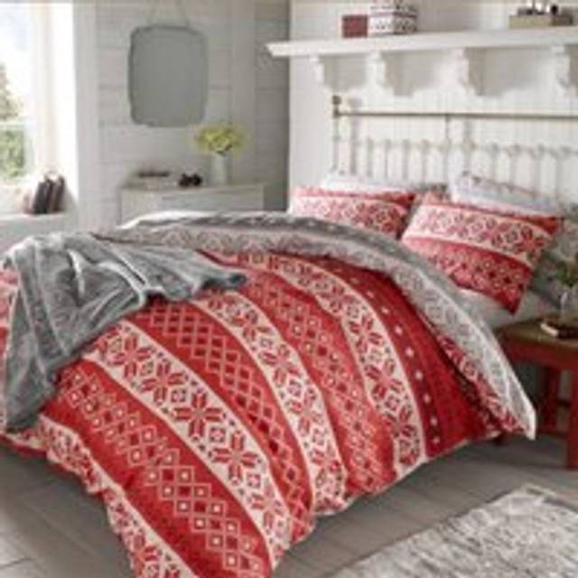 Christmas Nordic Duvet Cover Thermal 100% Brushed Cotton Xmas Bedding Set - Double - Red