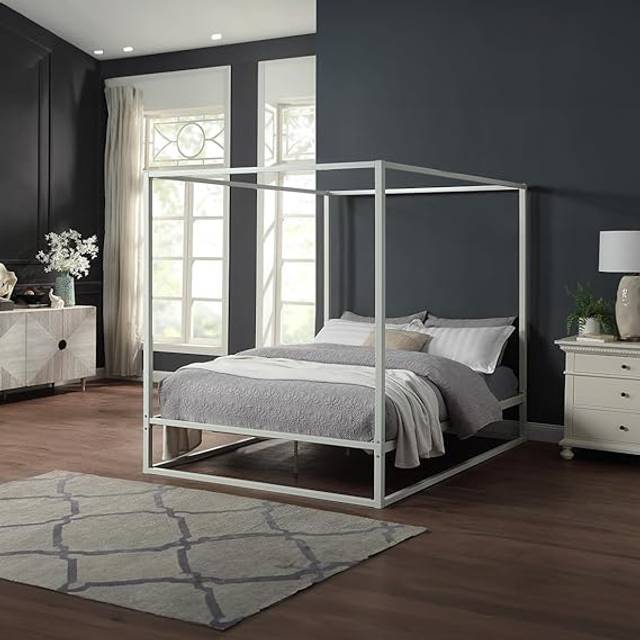 (Double 135 x 190cm, No Mattress) ASHWELL MODERN 4 FOUR POSTER WHITE METAL BED FRAME