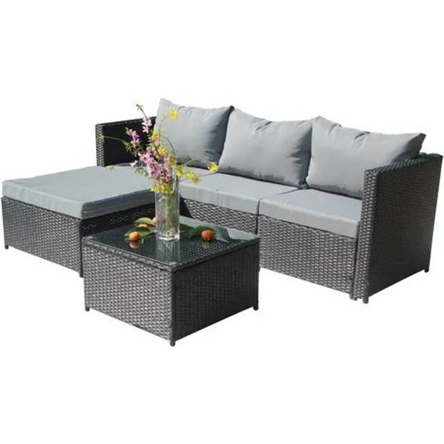 (Black) BIRCHTREE Rattan Garden Furniture Set Corner Sofa Glass Table Patio 5 Pieces 01