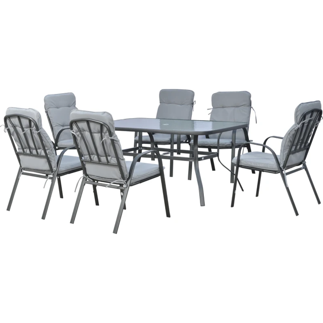 Outsunny 7pieces Garden Dining Set, Outdoor Dining Table And 6 Cushioned Armchairs, Tempered Glass Top Table W/ Umbrella Hole, Texteline Seats, Black