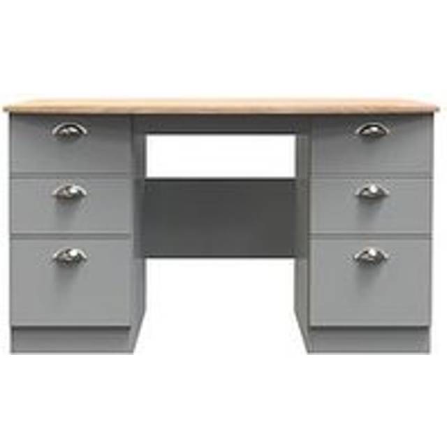 Crowndale Victoria 6 Drawer Dusk Grey and Oak Kneehole Computer Desk - 41.5 x 127.5 x 79.5cm