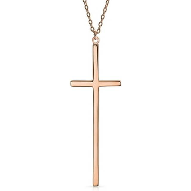 Modern Elongated Simple Basic Long Flat Thin Delicate Religious Latin Cross Pendant Necklace for Women Teens Rose Gold Plated Sterling Silver .925